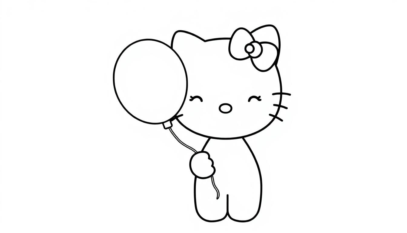 Schwarz-weiße Farbtafel-Zeichnung von Hello Kitty mit einem Ballon.