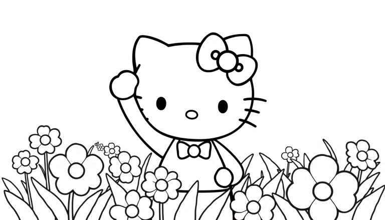 Hello Kitty Farbtafel winkt in einem Blumenfeld.