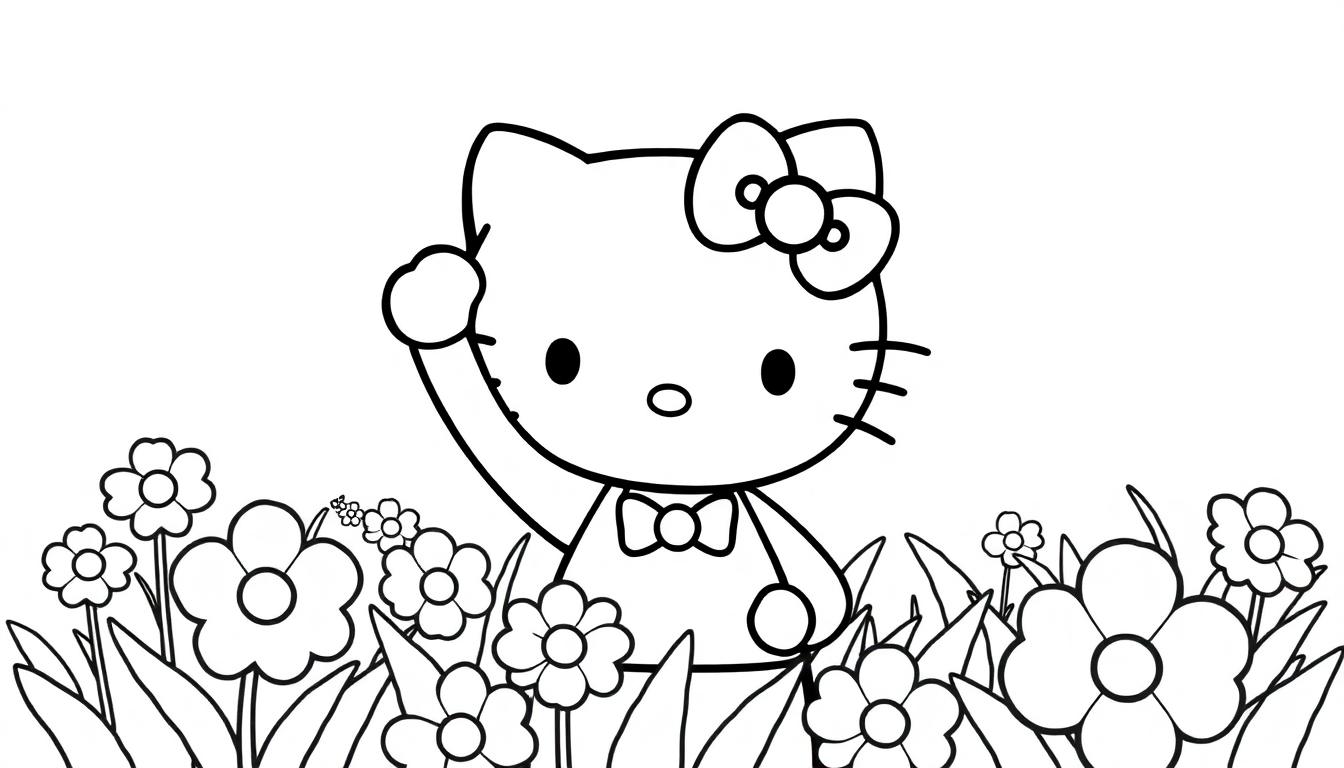 Hello Kitty Farbtafel winkt in einem Blumenfeld.