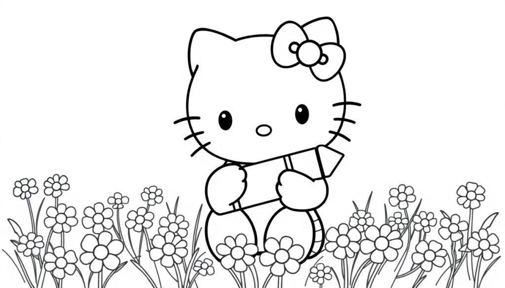 Eine niedliche Farbtafel von Hello Kitty in einem Feld voller Gänseblümchen.