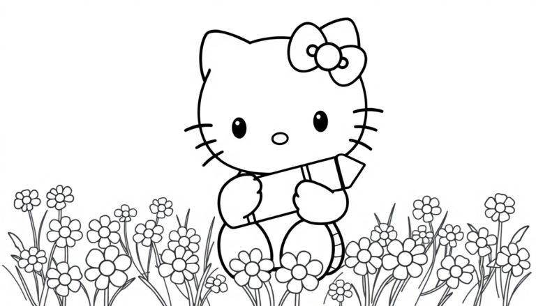 Eine niedliche Farbtafel von Hello Kitty in einem Feld voller Gänseblümchen.