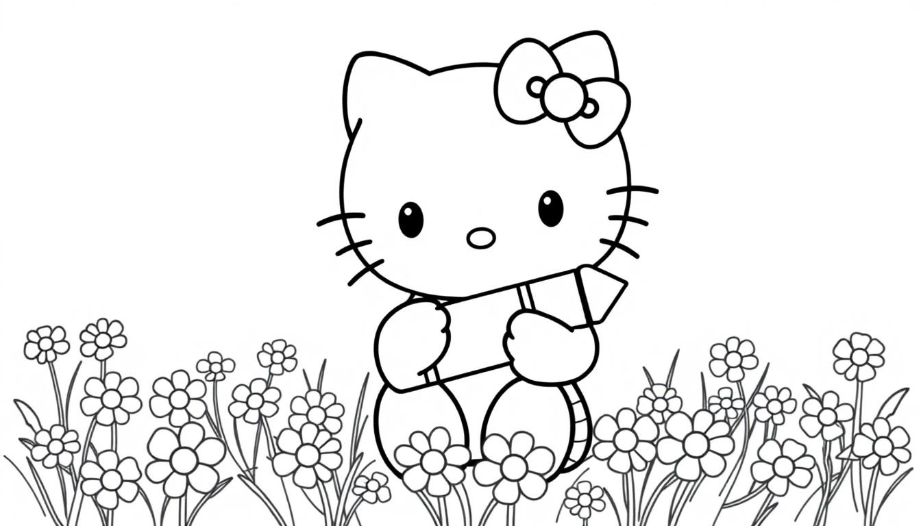 Eine niedliche Farbtafel von Hello Kitty in einem Feld voller Gänseblümchen.