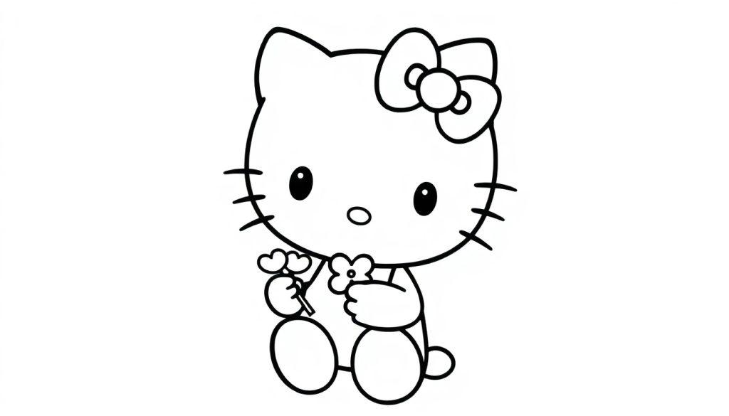 Eine schwarz-weiße Farbtafel-Umrisszeichnung von Hello Kitty mit einer Schleife auf dem Kopf, die eine Blume hält.