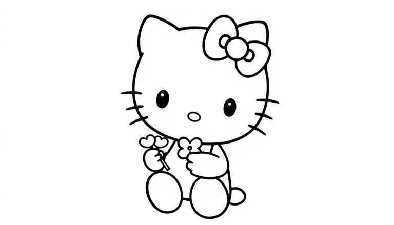 Eine schwarz-weiße Farbtafel-Umrisszeichnung von Hello Kitty mit einer Schleife auf dem Kopf, die eine Blume hält.
