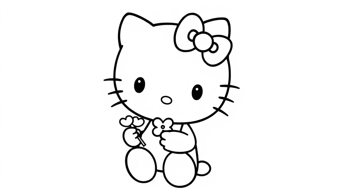 Eine schwarz-weiße Farbtafel-Umrisszeichnung von Hello Kitty mit einer Schleife auf dem Kopf, die eine Blume hält.