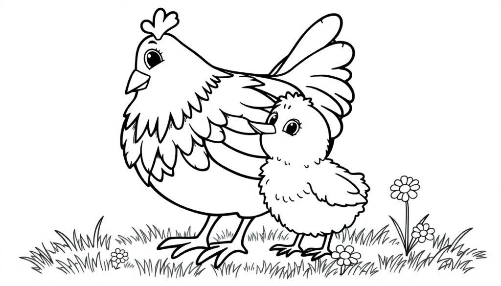 Eine Schwarz-Weiß-Farbtafel einer Henne mit ihrem Küken im Gras.