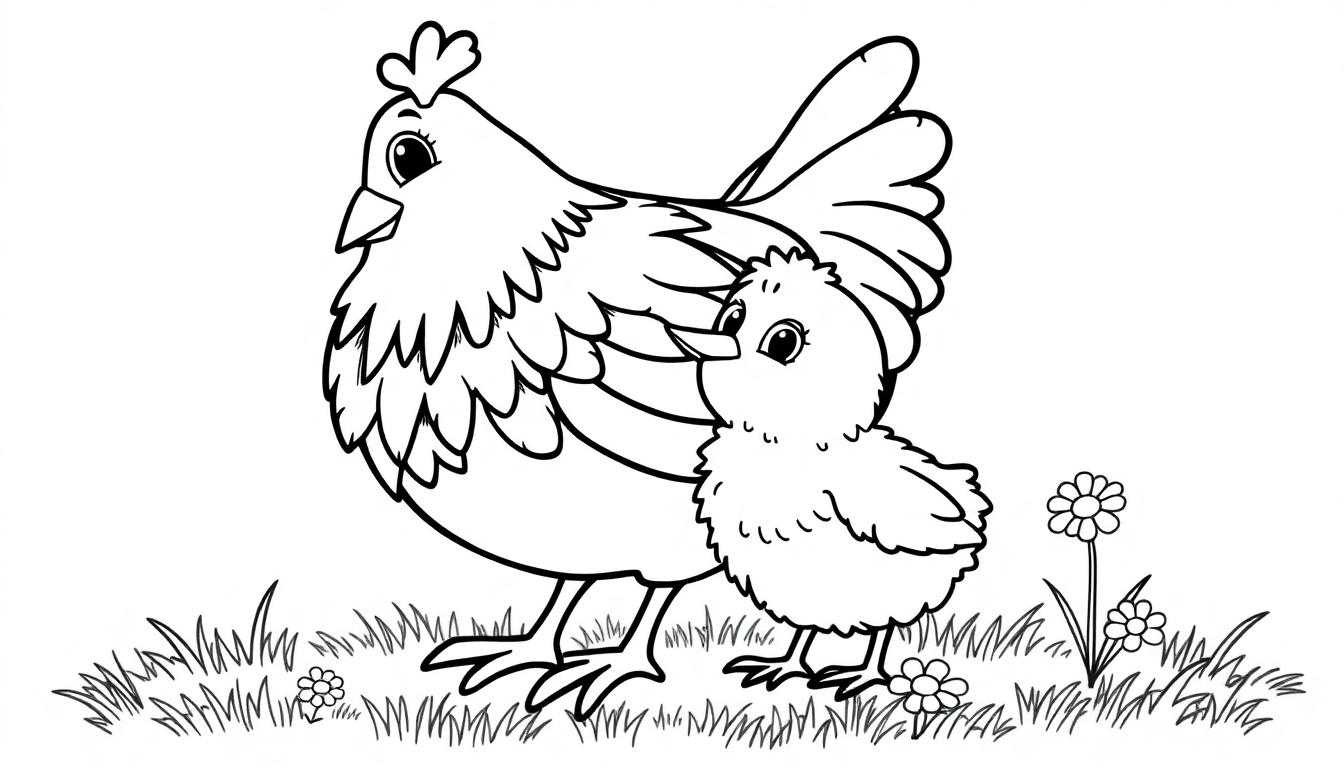 Eine Schwarz-Weiß-Farbtafel einer Henne mit ihrem Küken im Gras.