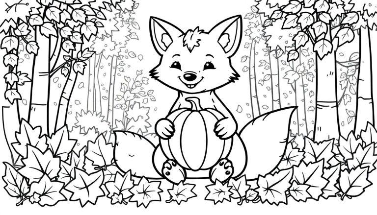 Eine niedliche Fuchs-Farbtafel, der einen Kürbis im Herbstwald umarmt.
