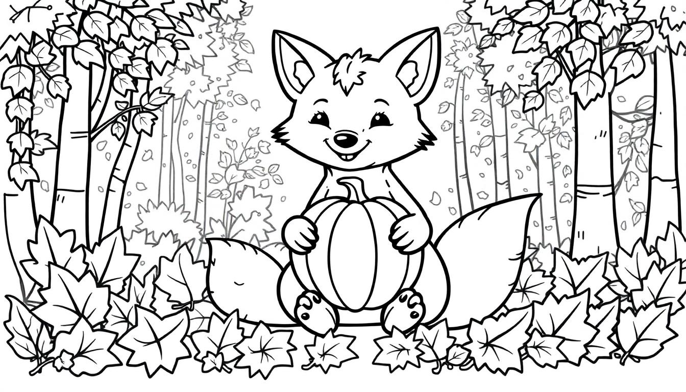 Eine niedliche Fuchs-Farbtafel, der einen Kürbis im Herbstwald umarmt.