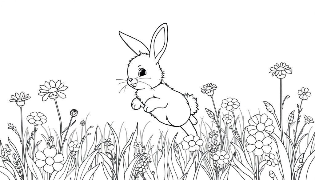 Ein springender Hase in einem Blumenfeld, eine Schwarz-Weiß-Farbtafel zum Ausmalen.
