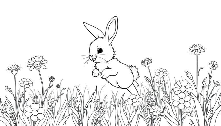 Ein springender Hase in einem Blumenfeld, eine Schwarz-Weiß-Farbtafel zum Ausmalen.