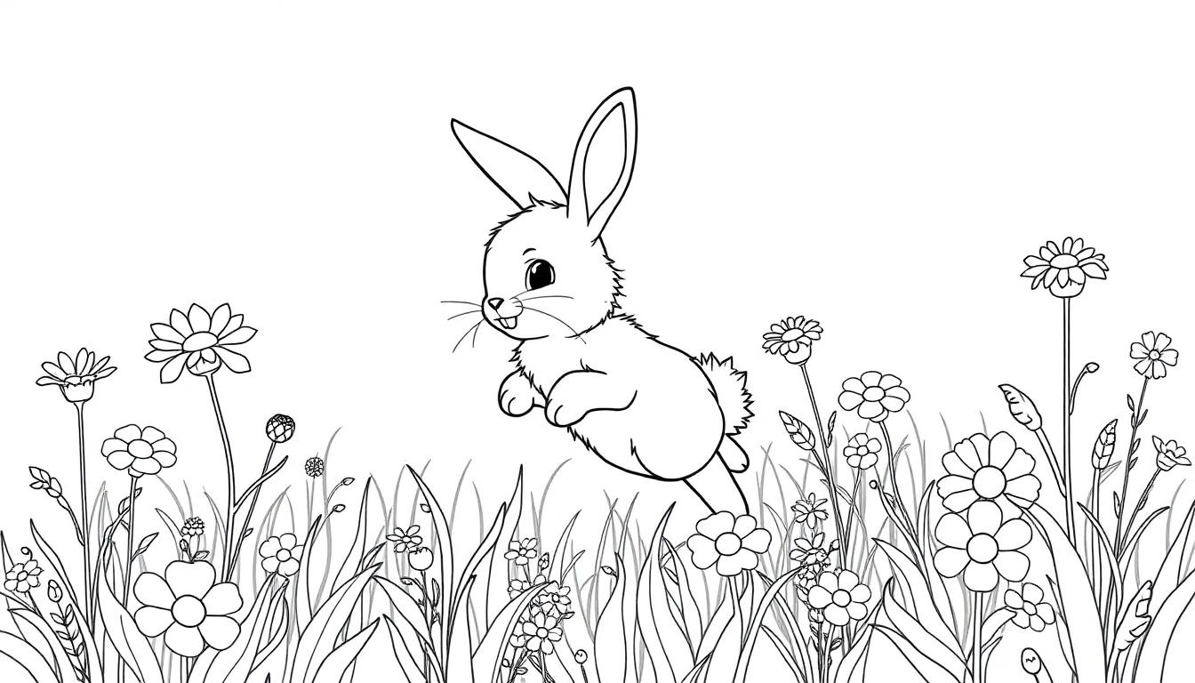 Ein springender Hase in einem Blumenfeld, eine Schwarz-Weiß-Farbtafel zum Ausmalen.