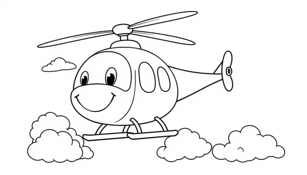 Ein lächelnder Cartoon-Hubschrauber als Farbtafel, der durch den Himmel fliegt.