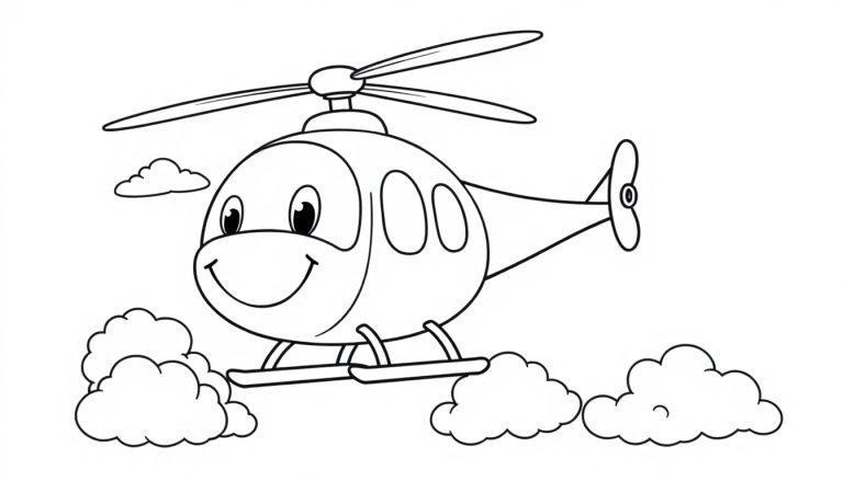 Ein lächelnder Cartoon-Hubschrauber als Farbtafel, der durch den Himmel fliegt.