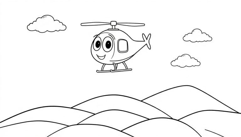 Ein fröhlicher Cartoon-Hubschrauber mit großen Augen fliegt über grüne Hügel, eine Schwarz-Weiß-Farbtafel.