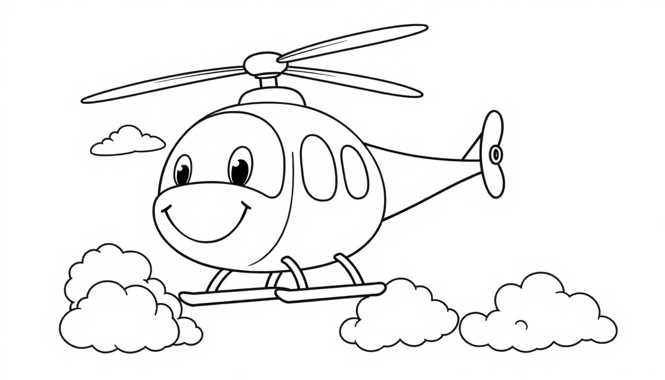 Ein lächelnder Cartoon-Hubschrauber als Farbtafel, der durch den Himmel fliegt.