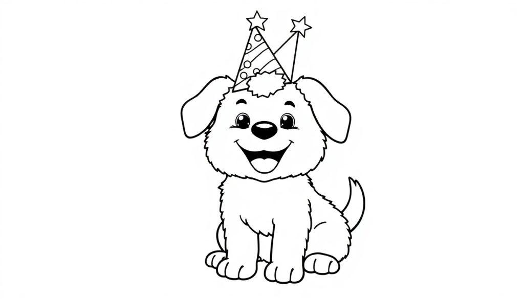 Schwarz-Weiß-Farbtafel-Illustration eines fröhlichen Hundes mit einer Geburtstagsparty-Mütze.