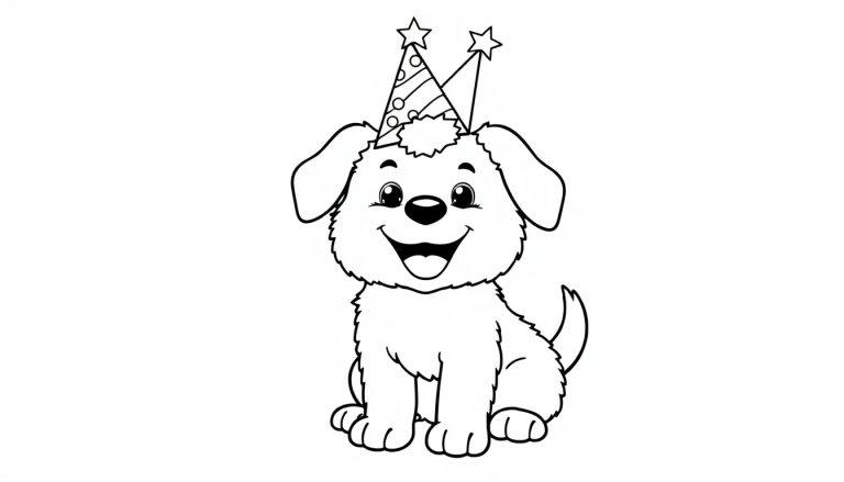 Schwarz-Weiß-Farbtafel-Illustration eines fröhlichen Hundes mit einer Geburtstagsparty-Mütze.