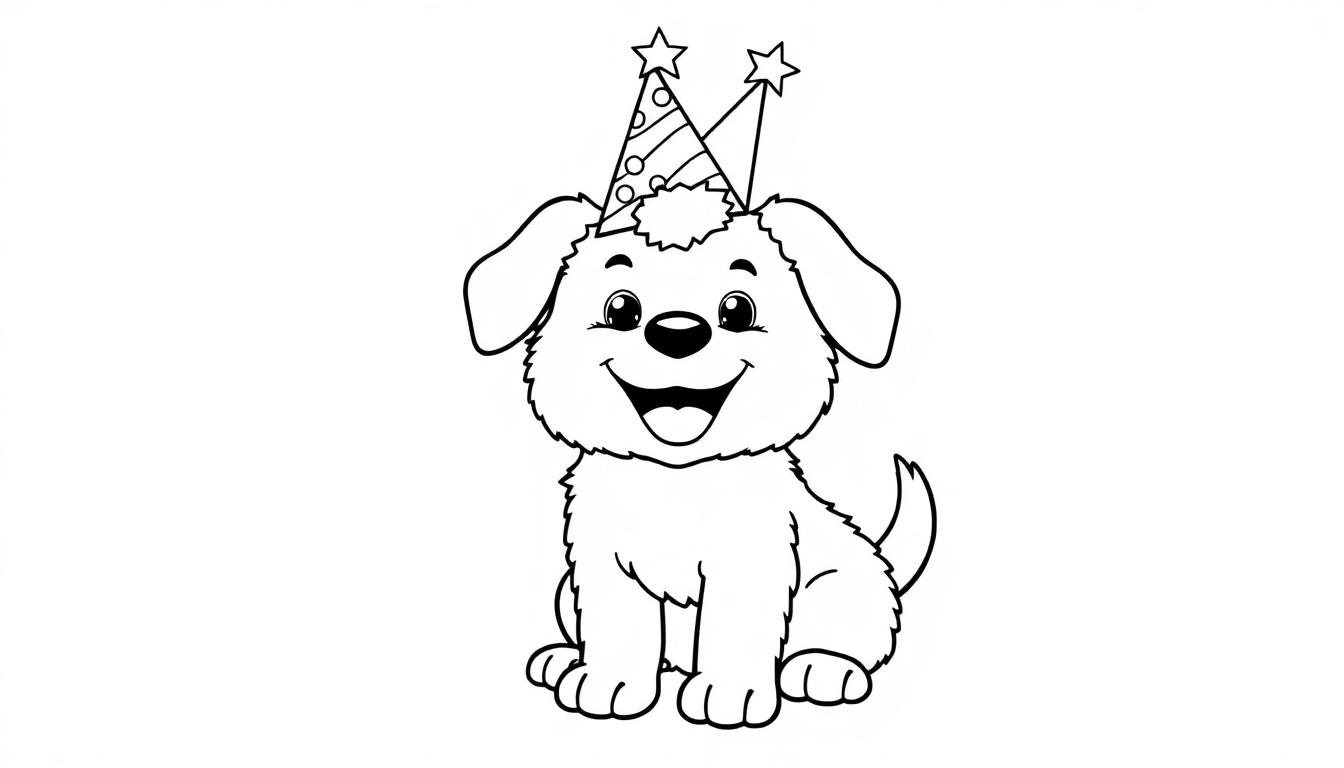 Schwarz-Weiß-Farbtafel-Illustration eines fröhlichen Hundes mit einer Geburtstagsparty-Mütze.