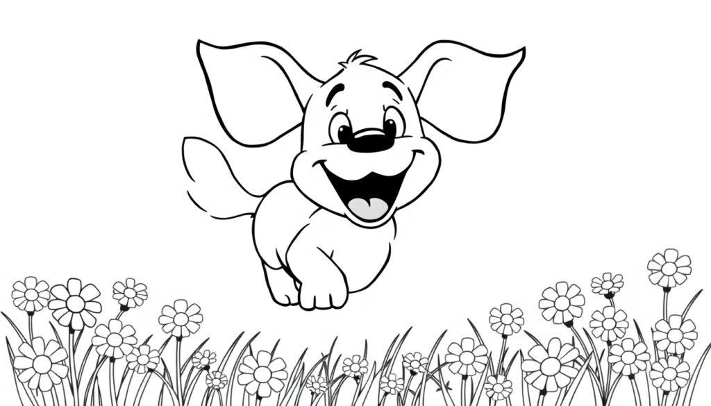 Eine Schwarz-Weiß-Farbtafel eines fröhlichen Cartoon-Hundes, der über eine Gänseblümchenwiese springt.