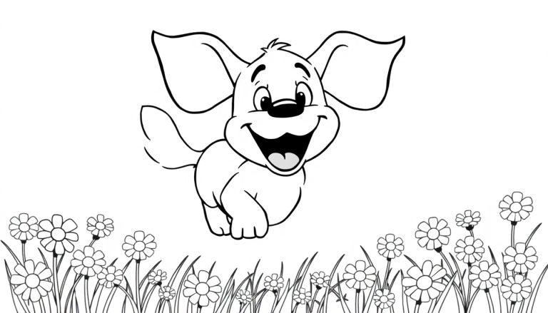 Eine Schwarz-Weiß-Farbtafel eines fröhlichen Cartoon-Hundes, der über eine Gänseblümchenwiese springt.