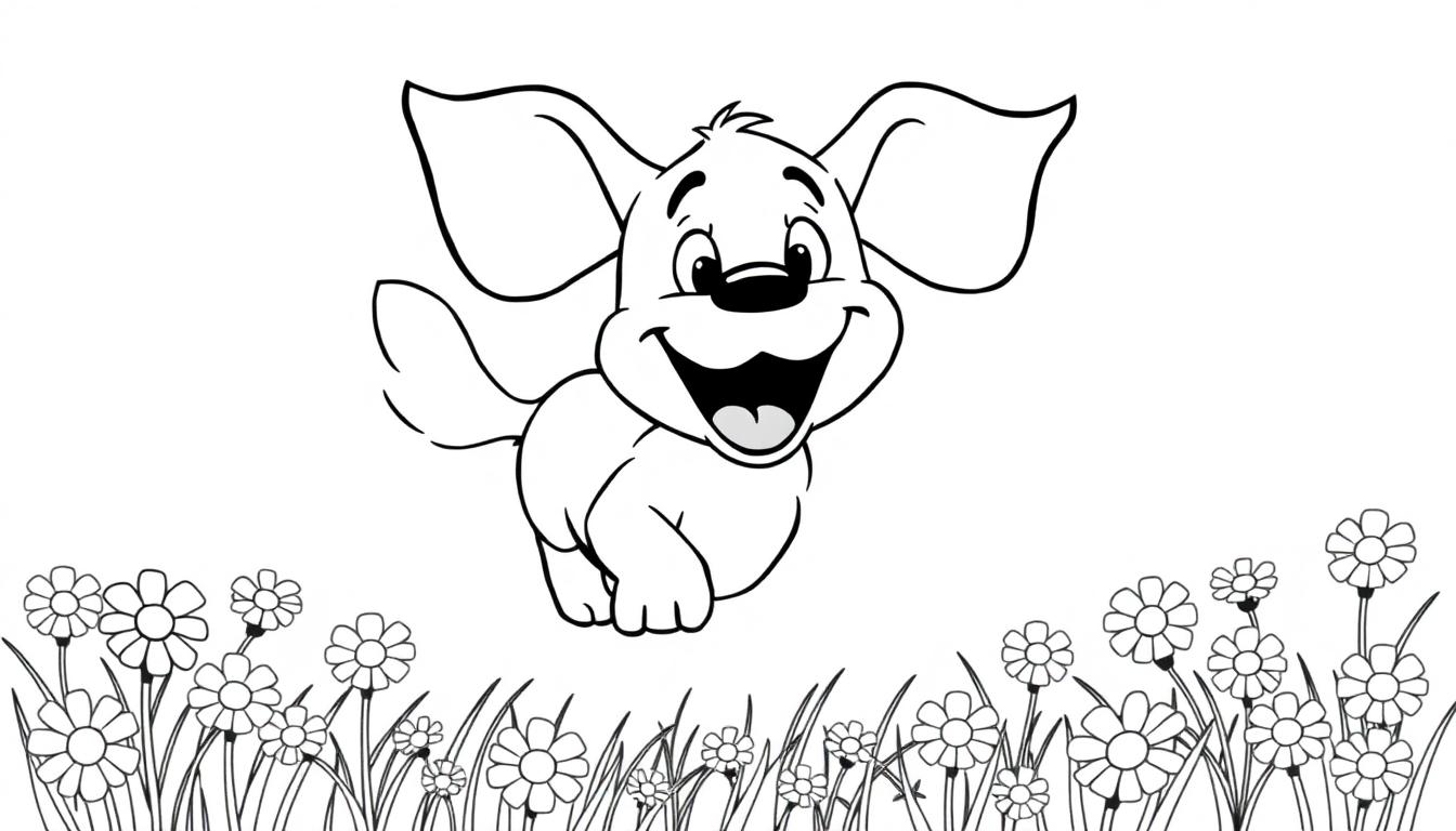 Eine Schwarz-Weiß-Farbtafel eines fröhlichen Cartoon-Hundes, der über eine Gänseblümchenwiese springt.