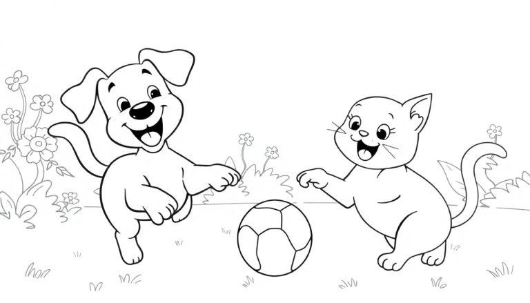 Schwarz-weiße Farbtafel eines Hundes und einer Katze, die im Garten mit einem Fußball spielen.