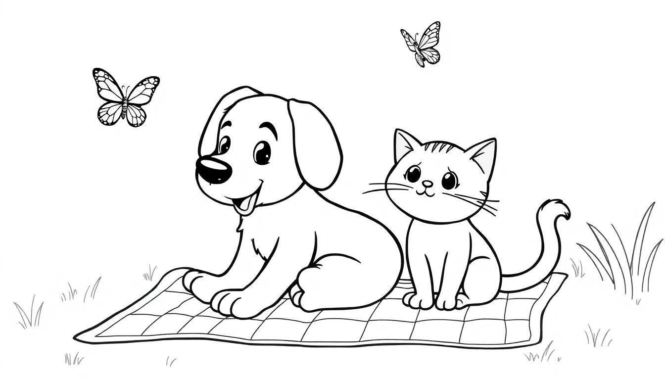 Eine Schwarz-Weiß-Zeichnung eines Hundes und einer Katze auf einer Picknickdecke mit Schmetterlingen darüber.