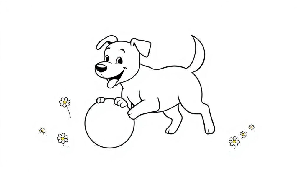 Schwarz-Weiß-Farbtafel eines verspielten Hundes mit einem Ball, der seine Vorderpfoten darauf stützt.