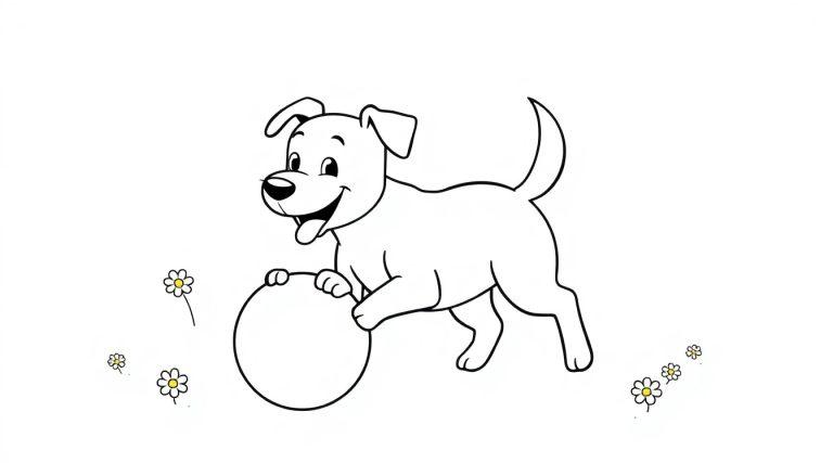 Schwarz-Weiß-Farbtafel eines verspielten Hundes mit einem Ball, der seine Vorderpfoten darauf stützt.