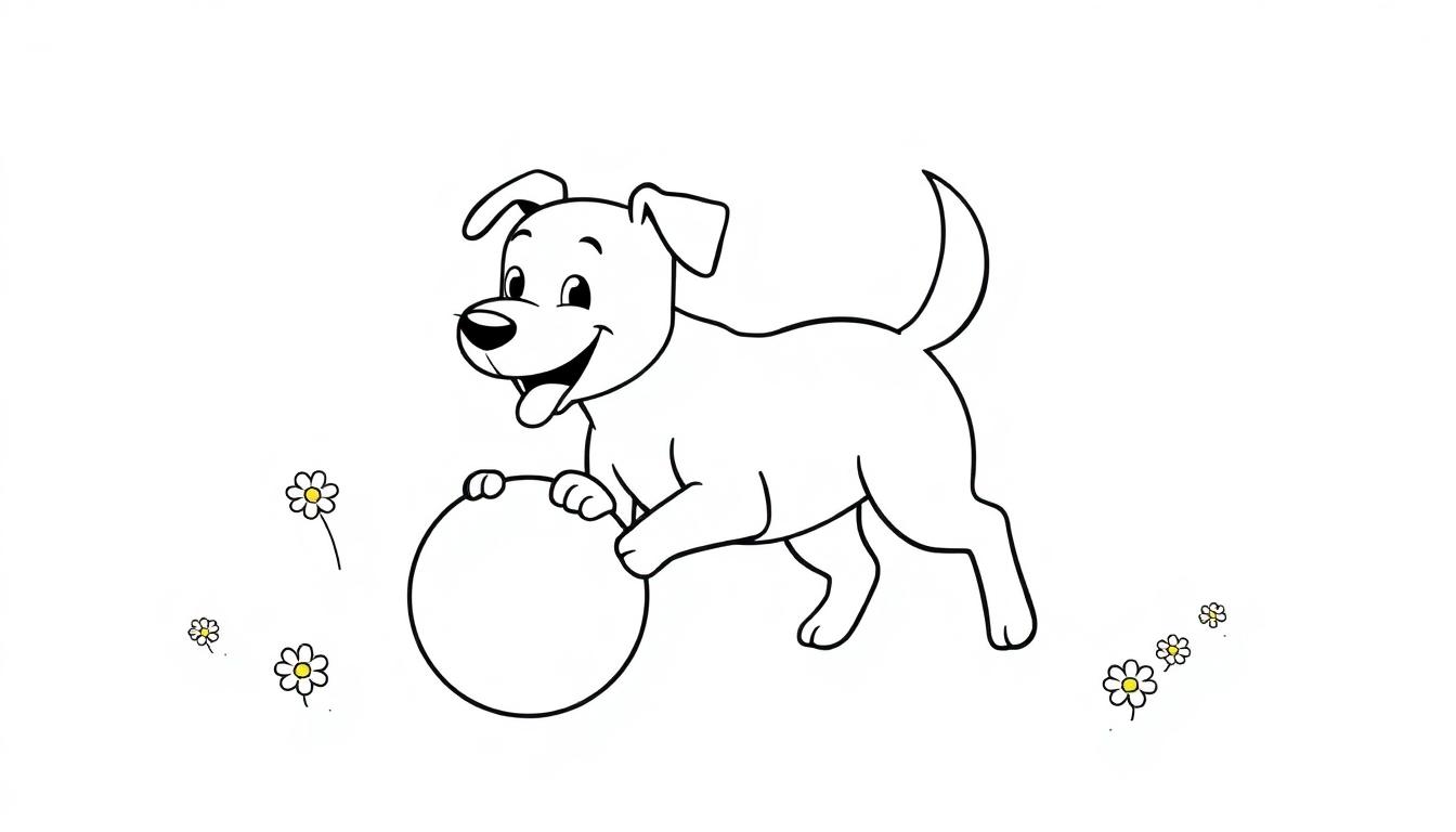 Schwarz-Weiß-Farbtafel eines verspielten Hundes mit einem Ball, der seine Vorderpfoten darauf stützt.