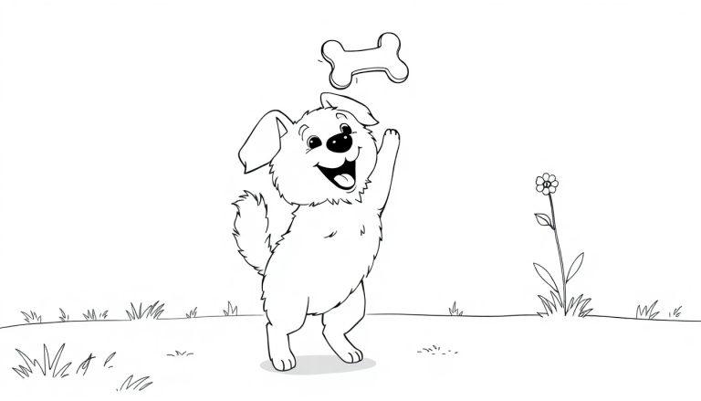 Schwarz-weiße Farbtafel eines fröhlichen Cartoon-Hundes, der im Garten nach einem Knochenspielzeug springt.