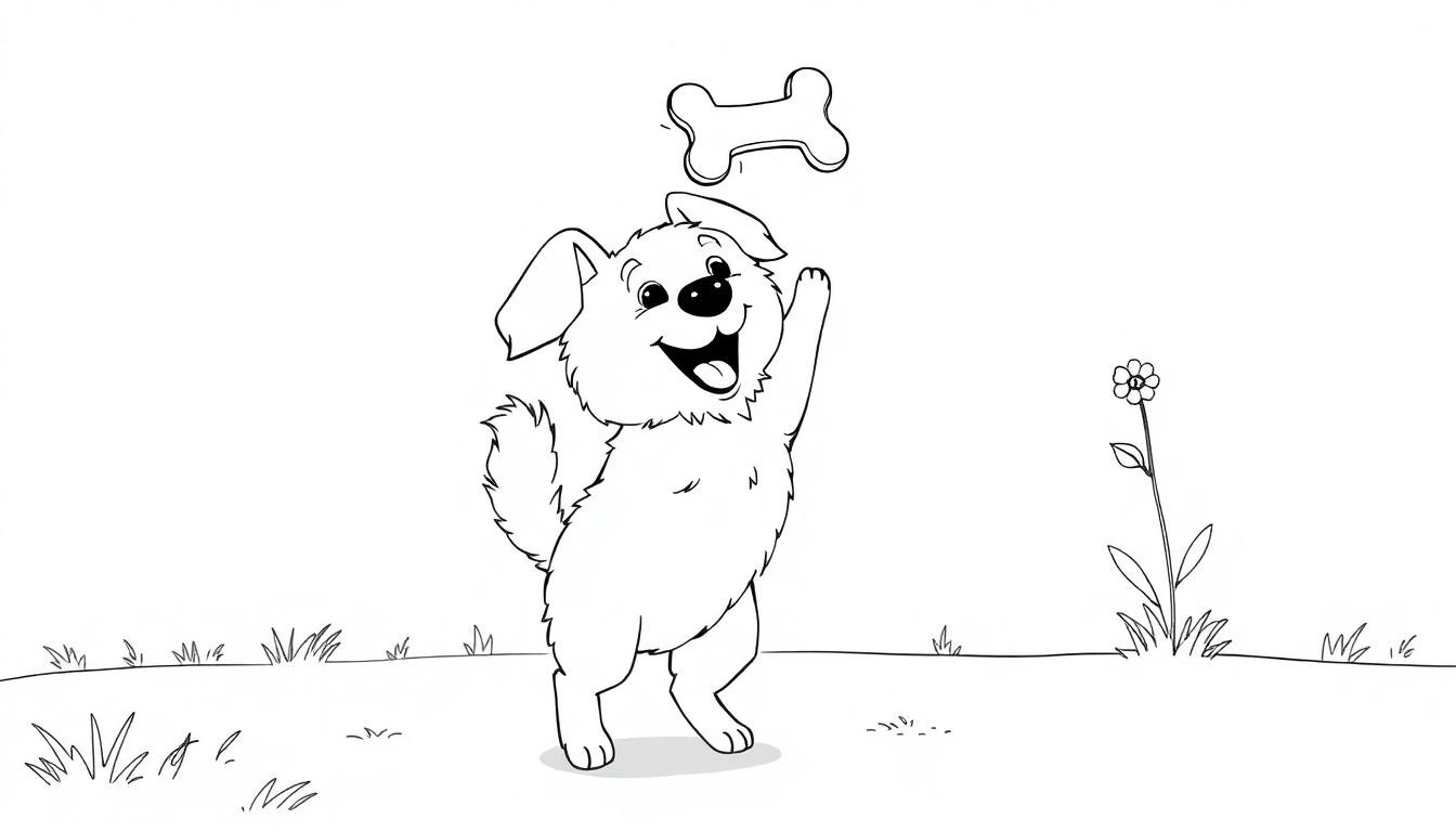 Schwarz-weiße Farbtafel eines fröhlichen Cartoon-Hundes, der im Garten nach einem Knochenspielzeug springt.