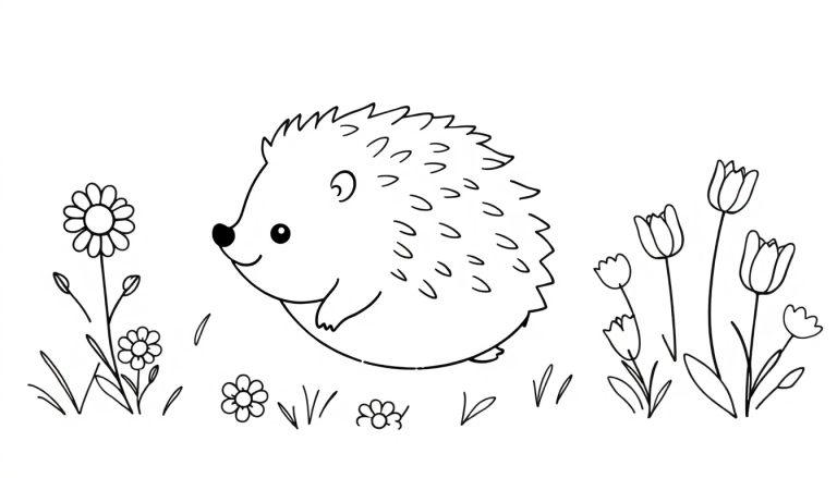 Schwarz-Weiß-Farbtafel: Ein süßer Igel steht inmitten von Blumen und Gras.
