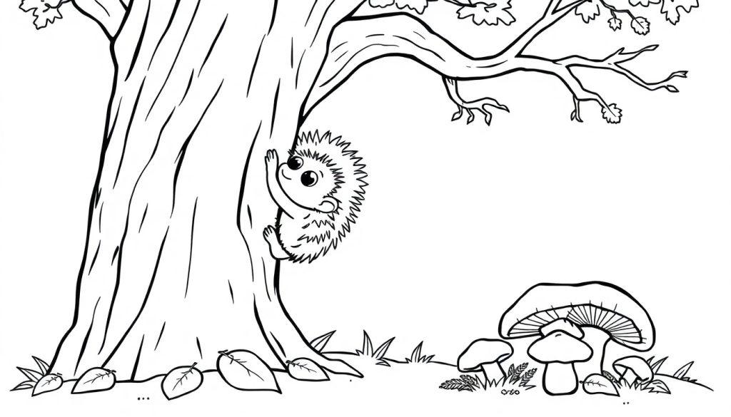 Eine Schwarz-Weiß-Farbtafel, die einen lustigen Igel auf einem Baum zeigt.