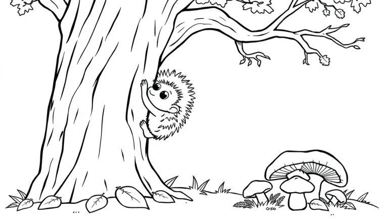 Eine Schwarz-Weiß-Farbtafel, die einen lustigen Igel auf einem Baum zeigt.