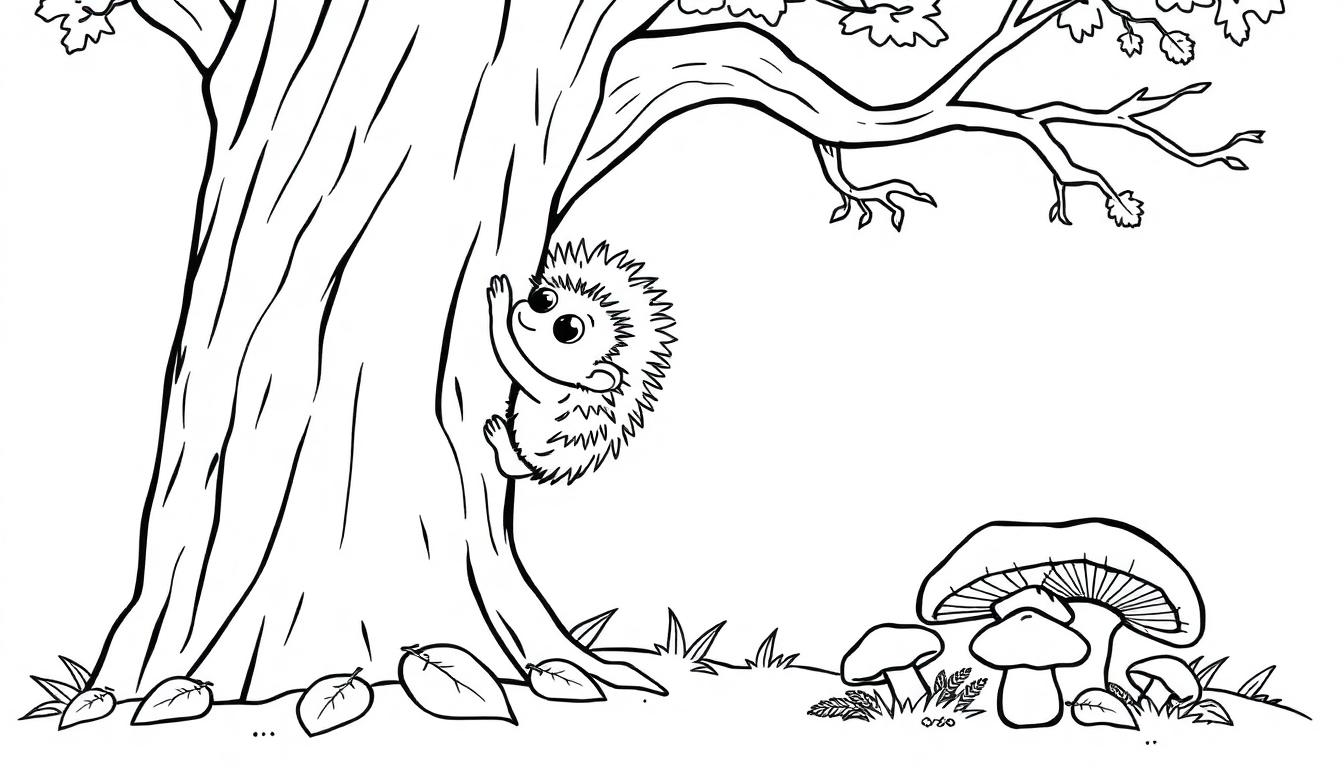 Eine Schwarz-Weiß-Farbtafel, die einen lustigen Igel auf einem Baum zeigt.