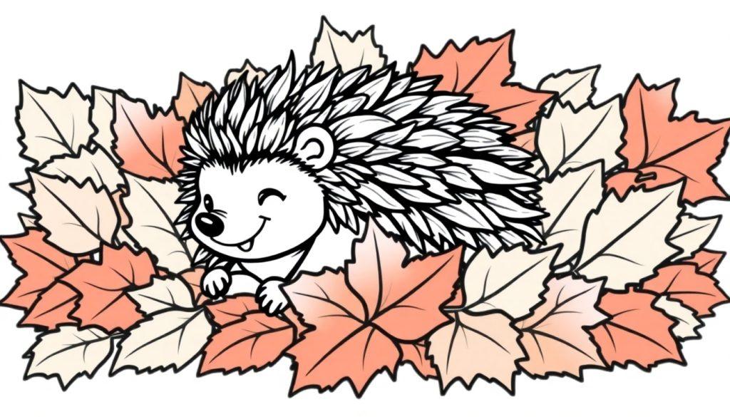 Schwarz-weißer Igel in bunten Herbstblättern, bereit zum Ausmalen.