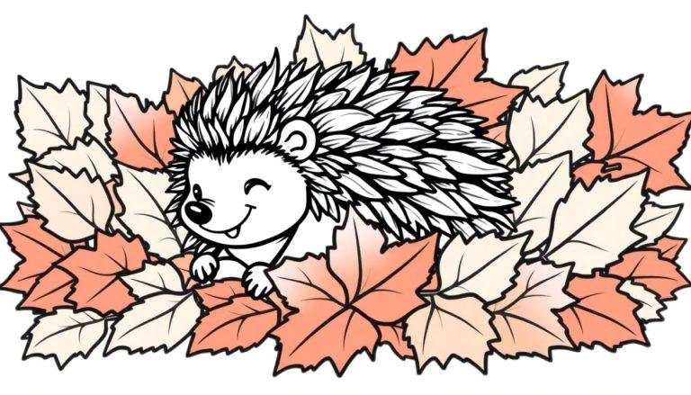 Schwarz-weißer Igel in bunten Herbstblättern, bereit zum Ausmalen.