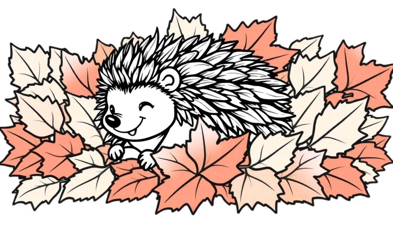 Schwarz-weißer Igel in bunten Herbstblättern, bereit zum Ausmalen.