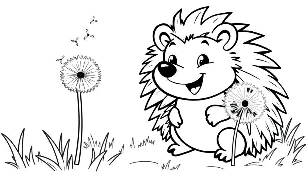 Ein niedlicher Cartoon-Igel hält eine Pusteblume in der rechten Pfote, mit einer weiteren Pusteblume im Hintergrund, aus der Samen fliegen.