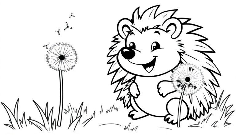 Ein niedlicher Cartoon-Igel hält eine Pusteblume in der rechten Pfote, mit einer weiteren Pusteblume im Hintergrund, aus der Samen fliegen.