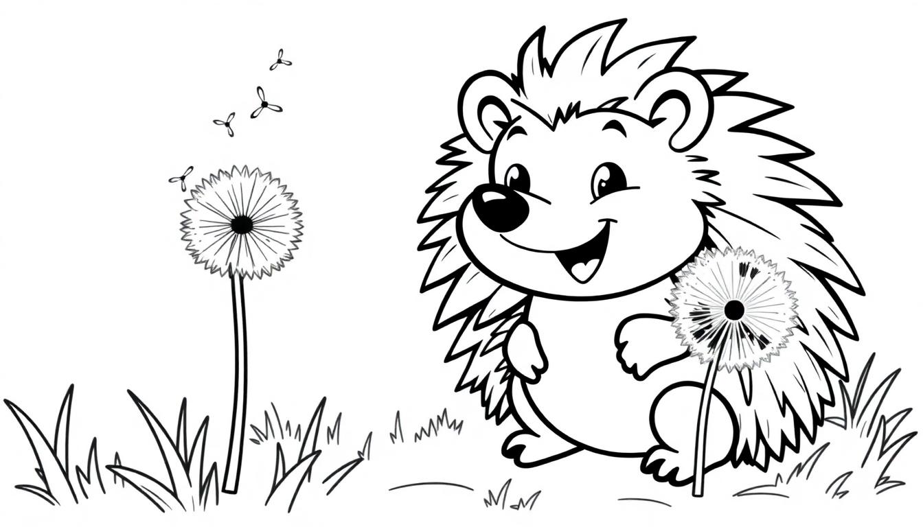 Ein niedlicher Cartoon-Igel hält eine Pusteblume in der rechten Pfote, mit einer weiteren Pusteblume im Hintergrund, aus der Samen fliegen.