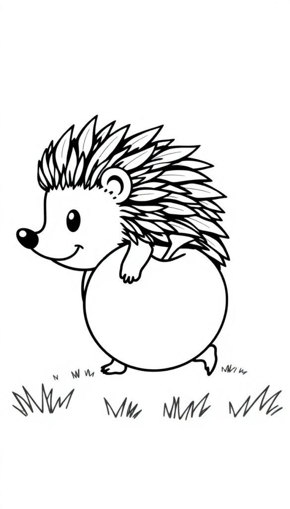 Ein Cartoon-Igel steht auf Gras und hält einen Apfel.