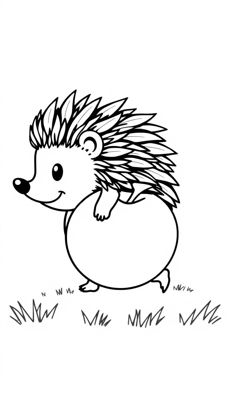Ein Cartoon-Igel steht auf Gras und hält einen Apfel.