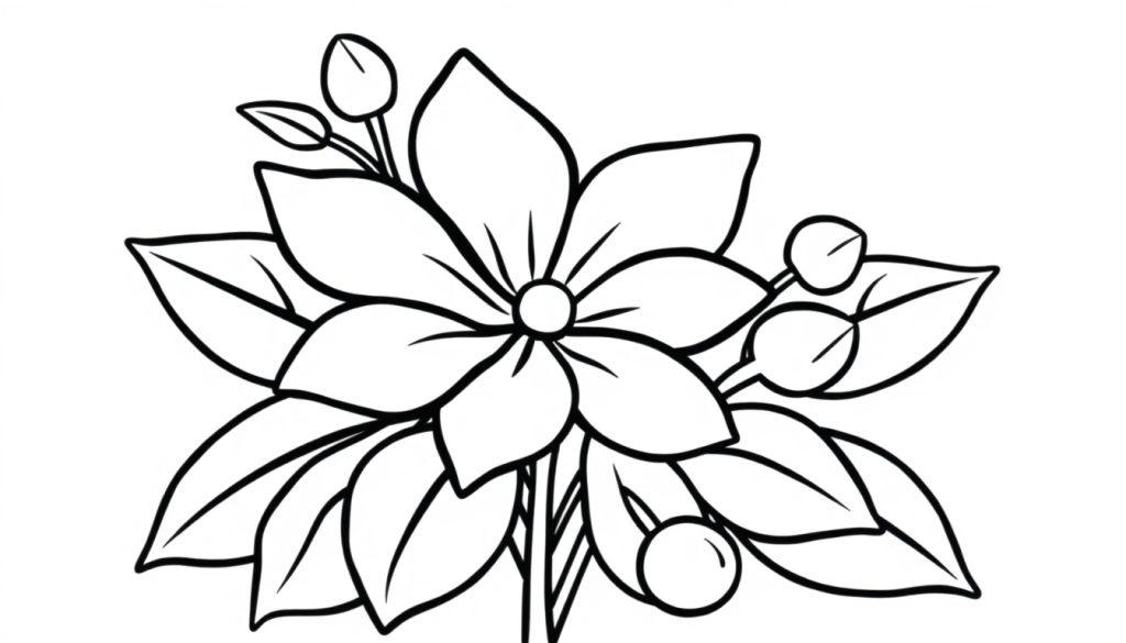 Schwarz-Weiß-Farbtafel einer Jasminblüte mit Blättern und Beeren.