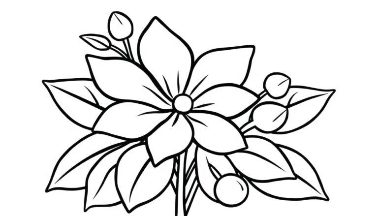 Schwarz-Weiß-Farbtafel einer Jasminblüte mit Blättern und Beeren.