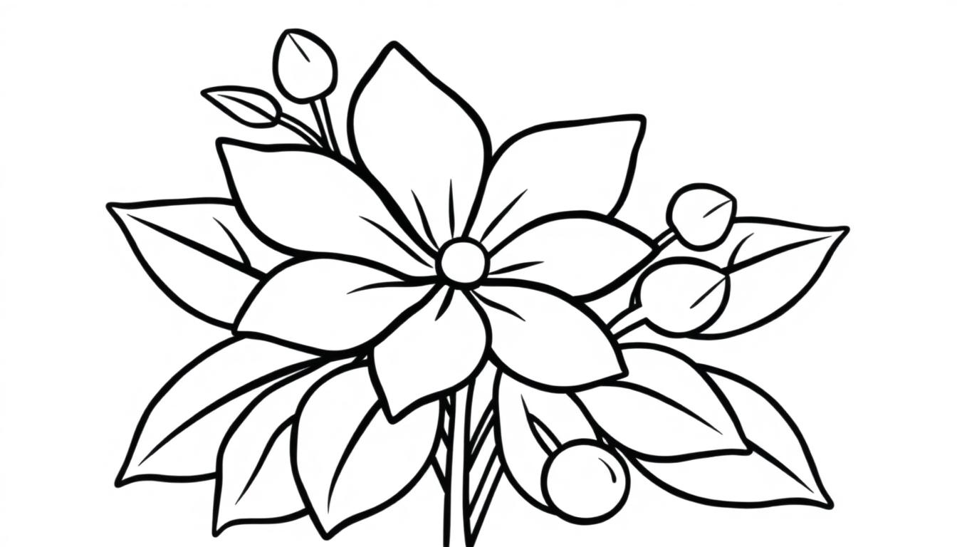 Schwarz-Weiß-Farbtafel einer Jasminblüte mit Blättern und Beeren.