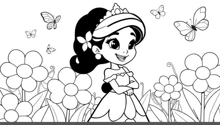 Niedliche Jasmin-Prinzessin in Schwarz-Weiß-Farbtafel inmitten eines blühenden Gartens.