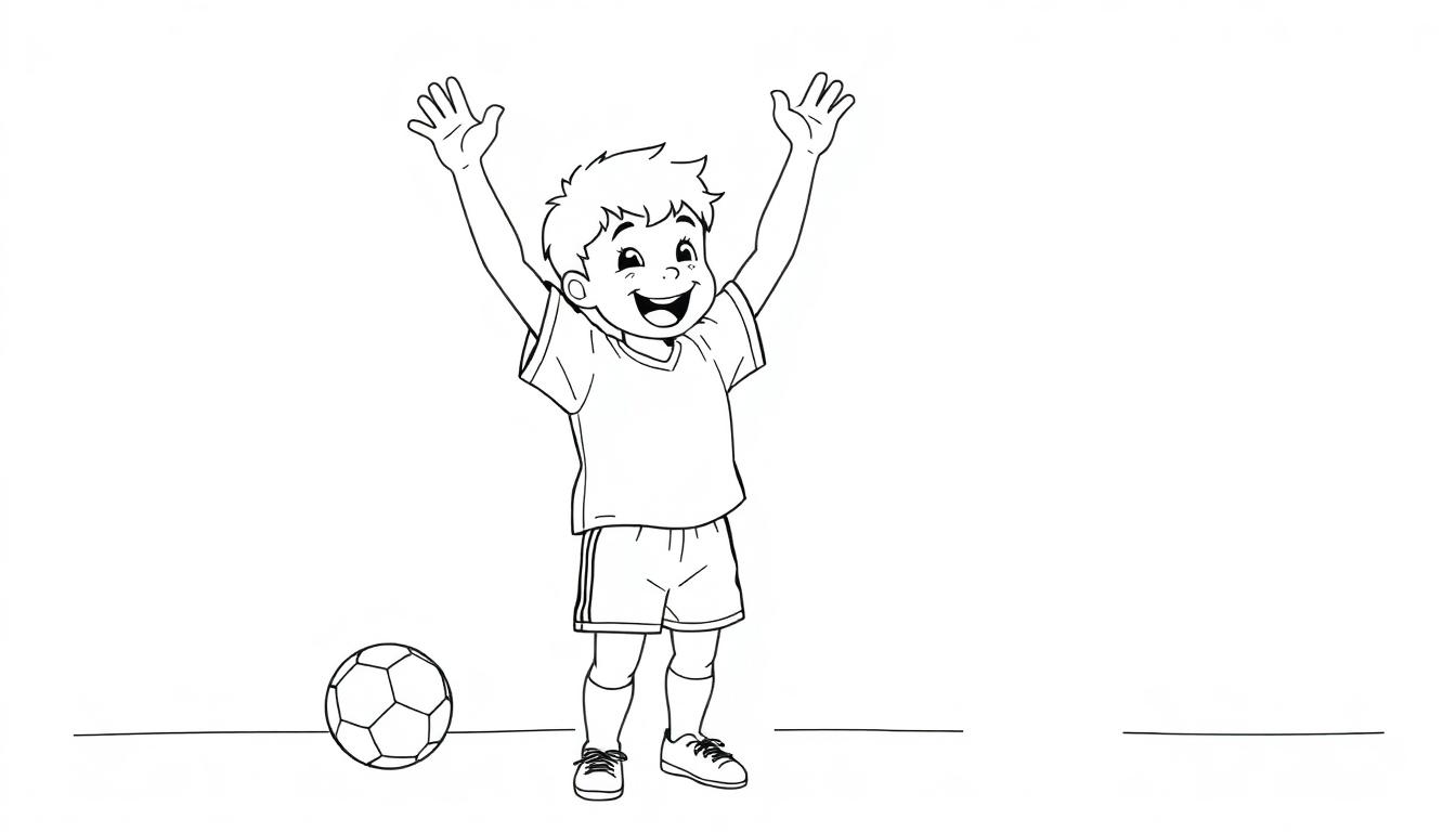Ein cartoonartiger Junge jubelt mit erhobenen Armen neben einem Fußball, bereit zum Ausmalen als Farbtafel.
